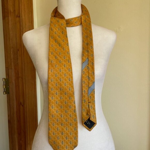 SALVATORE FERRAGAMO Silk Italian Yellow Gold Green Duck Vintage Tie - Picture 6 of 13